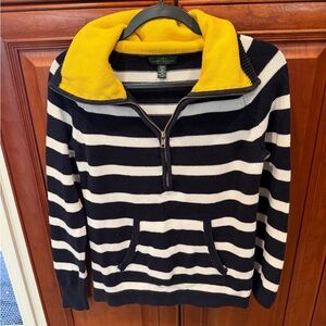 LAUREN JEANS CO. Med. Cotton Navy and White Striped Sweater with Yellow Collar
